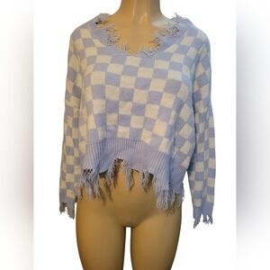 Just Polly Blue and White Checkered Women's Sweater Crop Top Preppy Girly